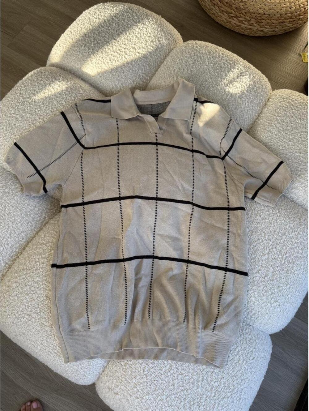 Dazy Beige and Black Checkered Short Sleeve Polo Shirt Size L